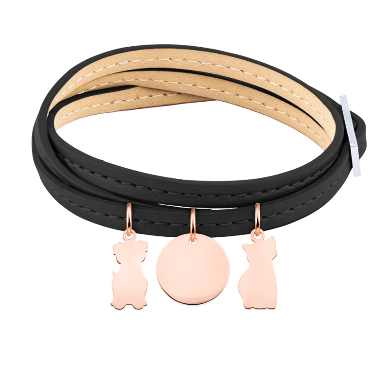 Personligt katte armbånd i sort læder - Rosegold - 61