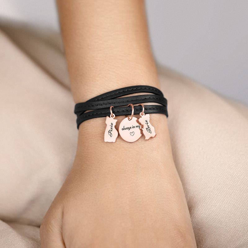 Personligt katte armbånd i sort læder - Rosegold - 61